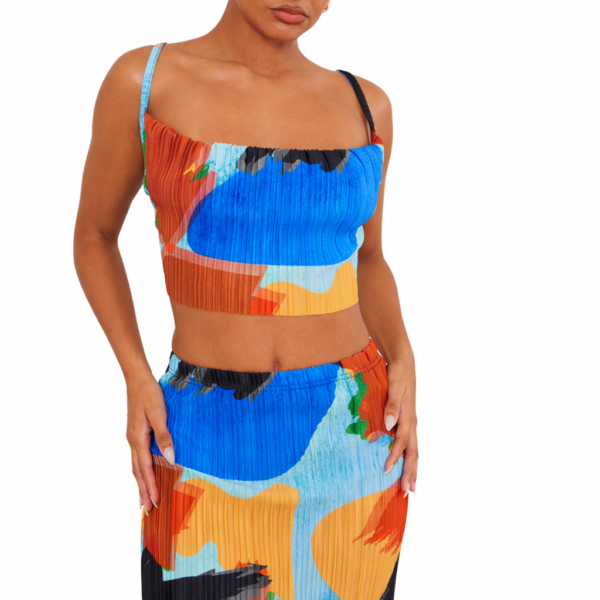 BLUE ABSTRACT PRINT PLISSE STRAPPY COWL NECK TOP (Special edition )